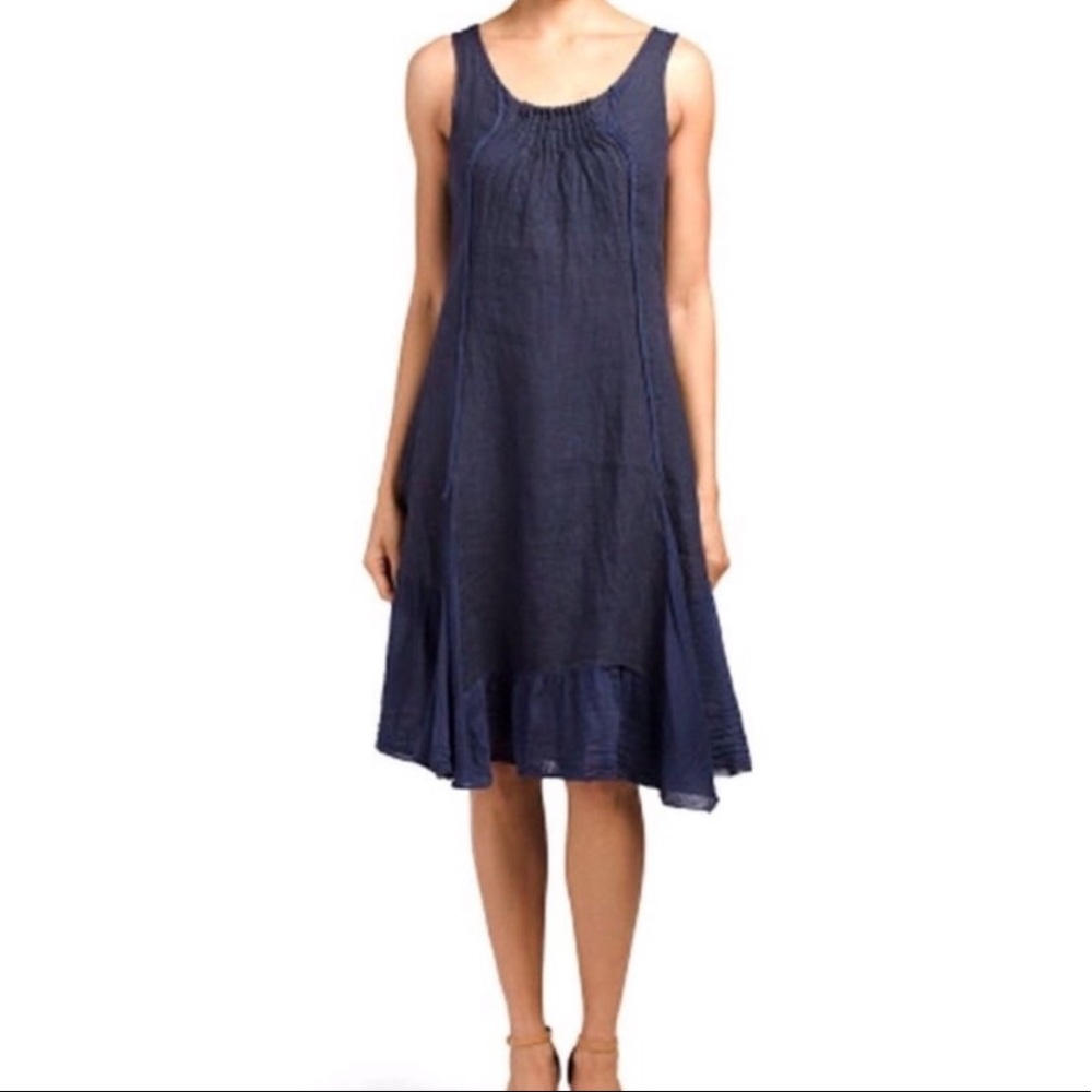 Lina Tomei Navy Linen Dress with Ruffled Bottom